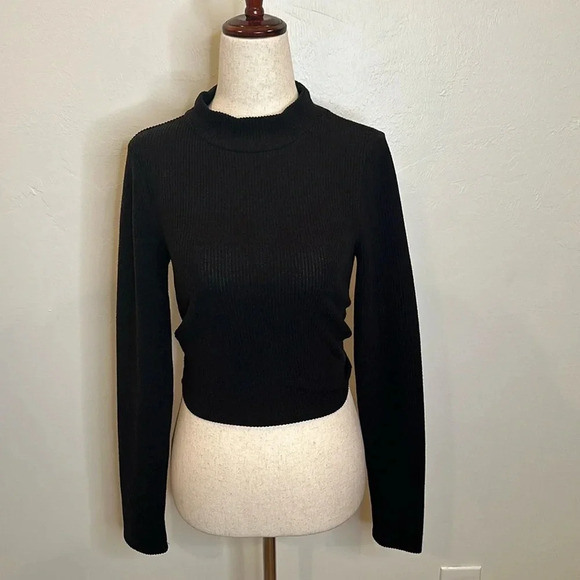 MADEWELL RIBBED MOCKNECK OPEN BACK CROPPED TOP LONG SLEEVES RUCHED TIE DETAIL - Picture 3 of 9